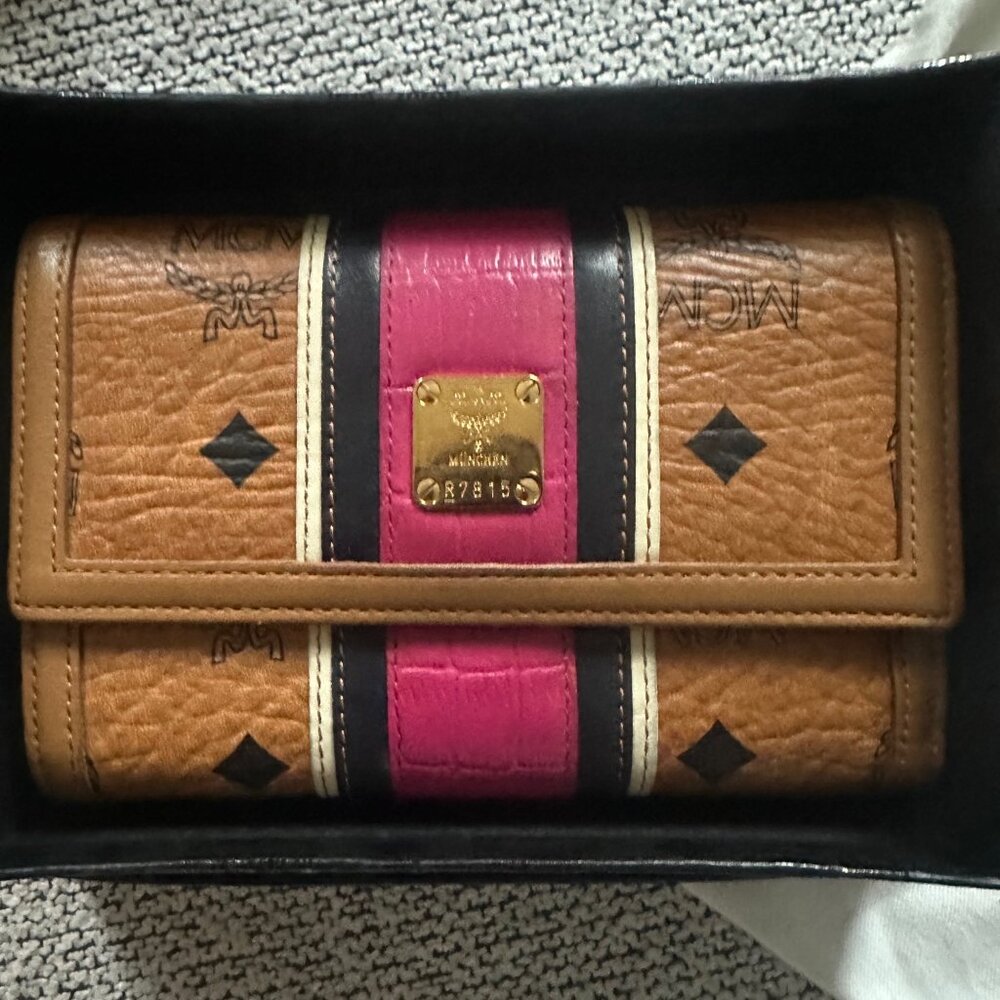 MCM Cognac Pink Black Visetos Tri-fold Wallet Excellent!!!!